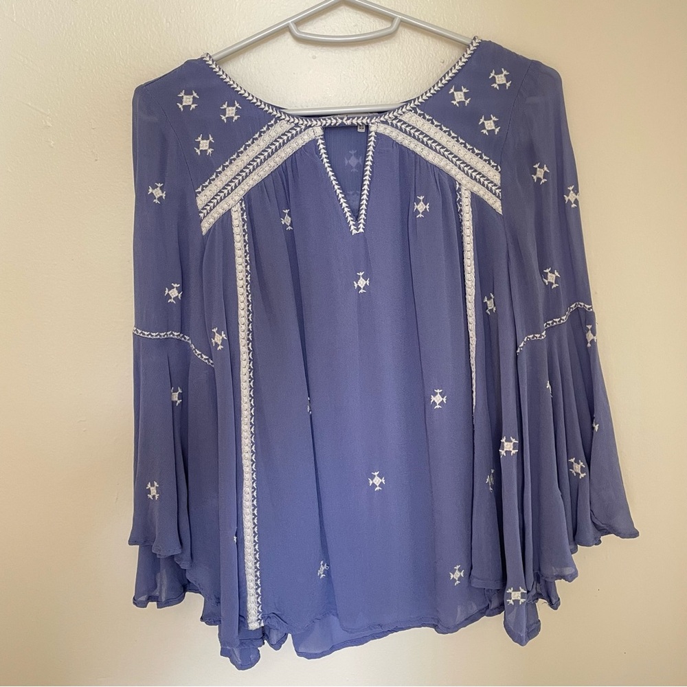 Anthropologie Blue Embroidered Top